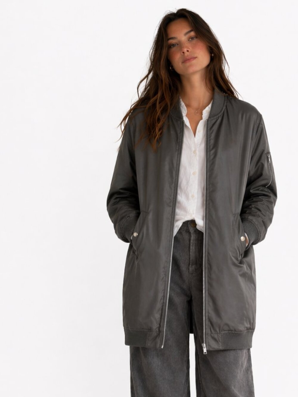 Longline bomber jacket, ribbed cuffs and collar, contrasting gold zipper & snaps